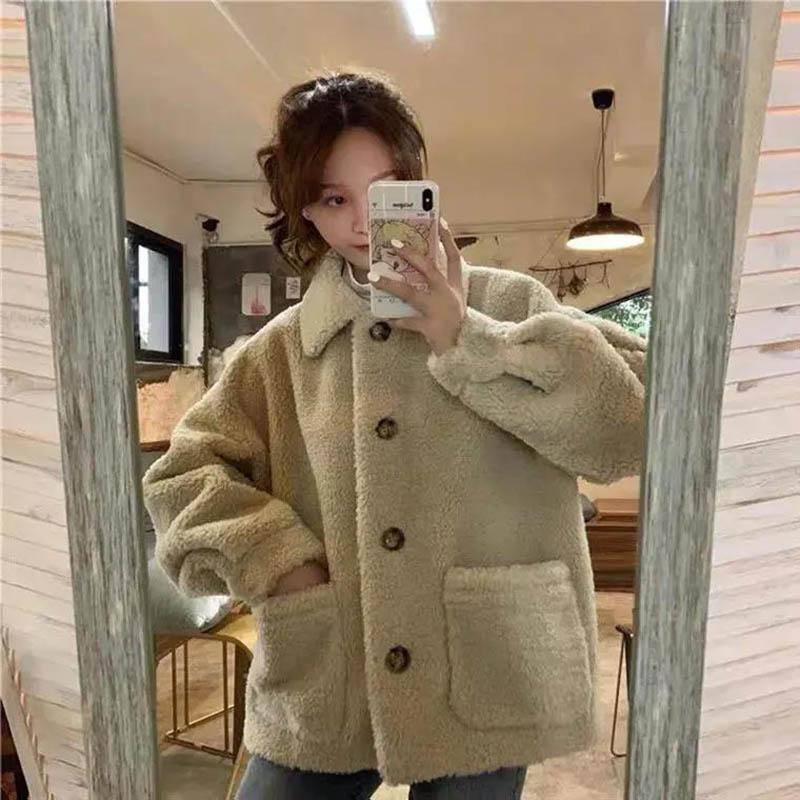 Winterjacke Damen Dicker Samt Koreanische Nachahmung Lamm Student Super Feuer Lose Wildplüsch Samt Top M von Joom DACH