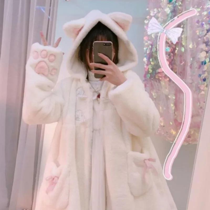 Winterjacke Damen Lolita Fleece-gefüttert Verdickter Mädchen Weicher Stoff Kawaii Katzenohrmütze Klaue Süßer Plüsch Weißer Mantel Jugendlicher Parka L weiß von Joom DACH