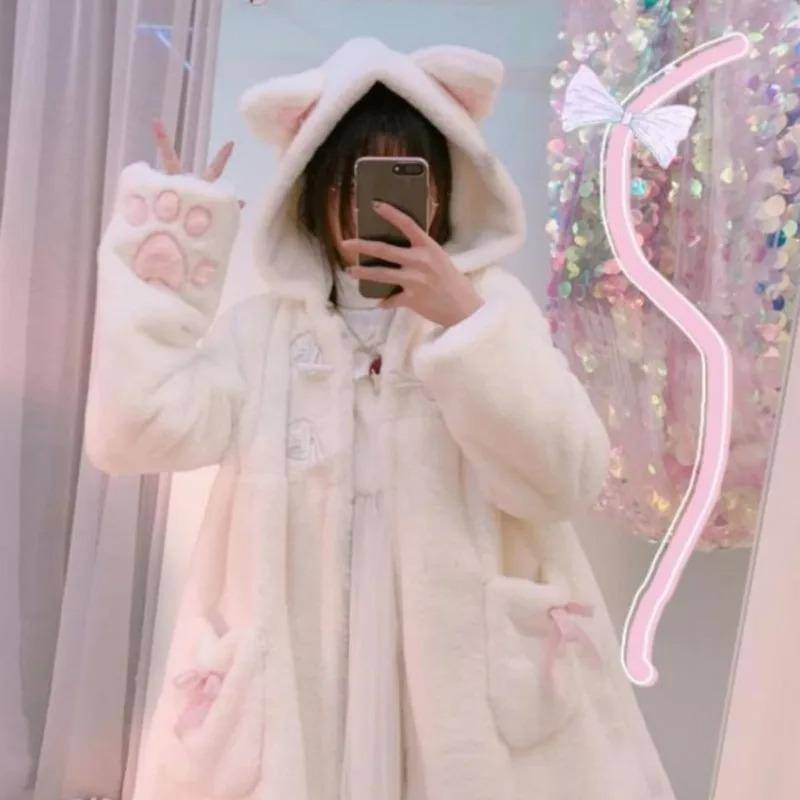 Winterjacke Damen Lolita Fleece-gefüttert Verdickter Mädchen Weicher Stoff Kawaii Katzenohrmütze Klaue Süßer Plüsch Weißer Mantel Jugendlicher Parka L weiß von Joom DACH