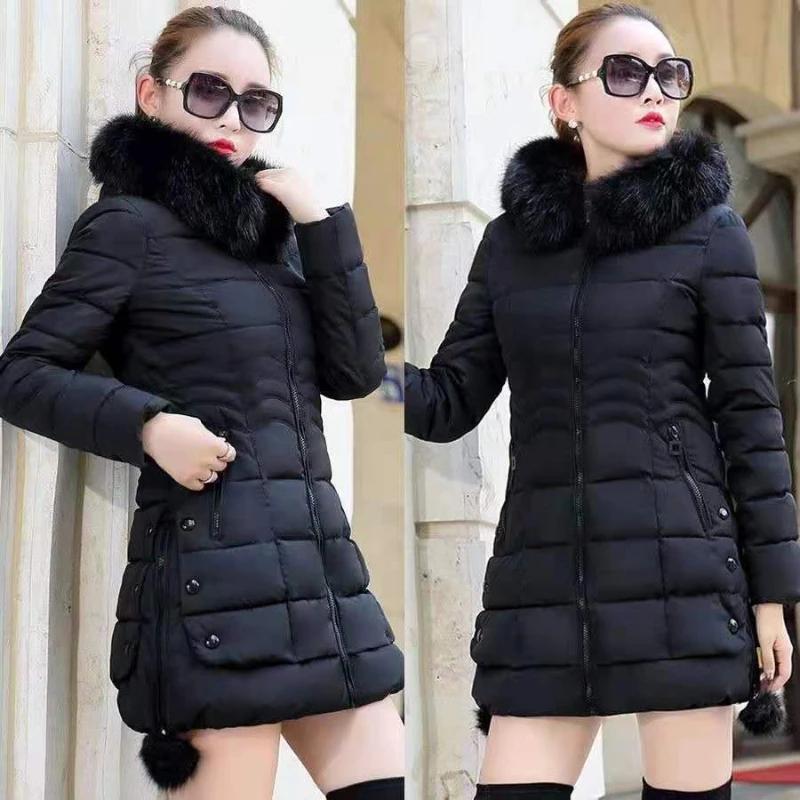 Winterjacke Damen Parka mit großem Pelzkragen und Kapuze, dicker, warmer Damenmantel, lässige Oberbekleidung, europäische Mode, schwarze Damenoberteile M schwarz von Joom DACH