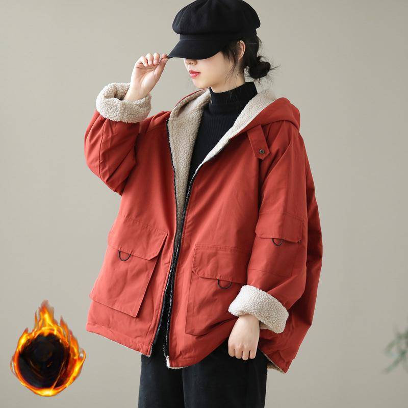 Winterjacke Damen Übergroß Locker Kapuze Windjacke Große Tasche Mode Reißverschluss Lässige Jacken Dick Warm Lammwollmantel Weiblich one size orange von Joom DACH