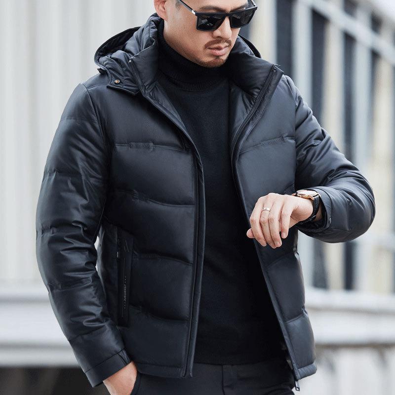 Winterjacke aus echtem Leder für Herren mittleren Alters, verdickte Daunenjacke aus Schaffell, lockere Kapuzenjacke, Papa-Outfit M von Joom DACH