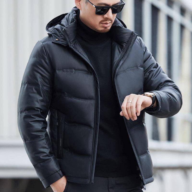 Winterjacke aus echtem Leder für Herren mittleren Alters, verdickte Daunenjacke aus Schaffell, lockere Kapuzenjacke, Papa-Outfit M von Joom DACH
