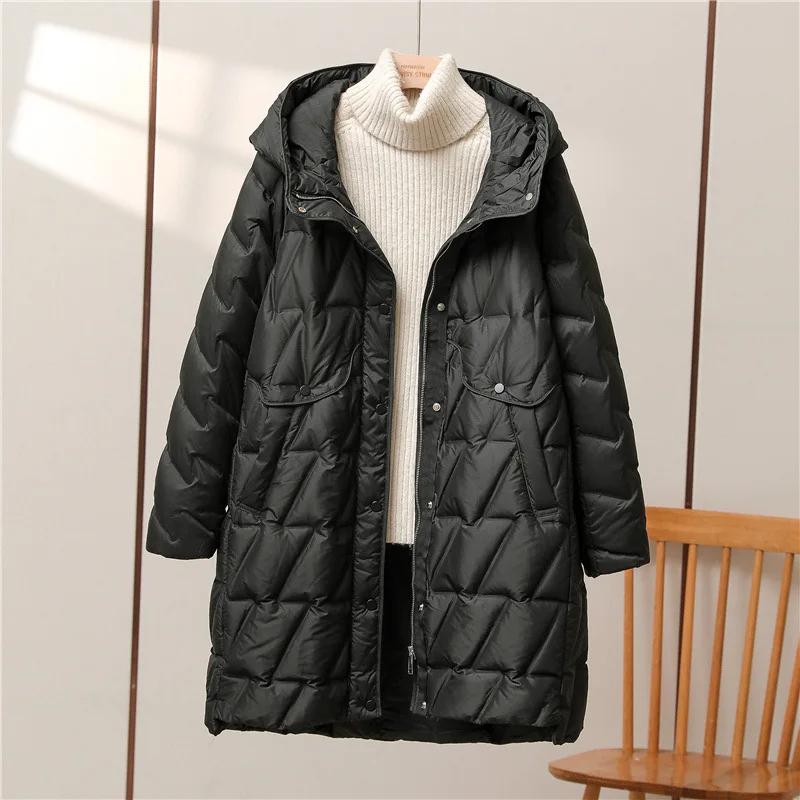 Winterjacke für Damen aus 90 % weißer Entendaunen, lockerer, entspannter und vielseitiger, schmaler Puffermantel mit Kapuze von hoher Qualität für Damen L schwarz von Joom DACH