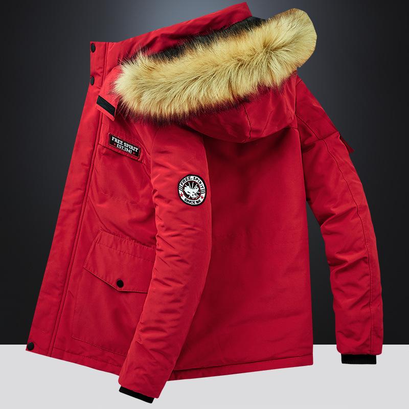 Winterjacke für Herren im Freien, lässig, mit Kapuze und abnehmbarem Pelzkragen, dicke, warme Baumwolljacke für Herren in Übergröße, Camouflage-Baumwolljacke XXXL rot von Joom DACH