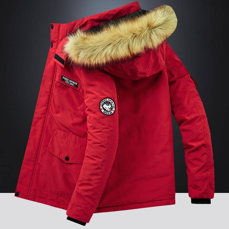 Winterjacke für Herren im Freien, lässig, mit Kapuze und abnehmbarem Pelzkragen, dicke, warme Baumwolljacke für Herren in Übergröße, Camouflage-Baumwolljacke XXXL rot von Joom DACH