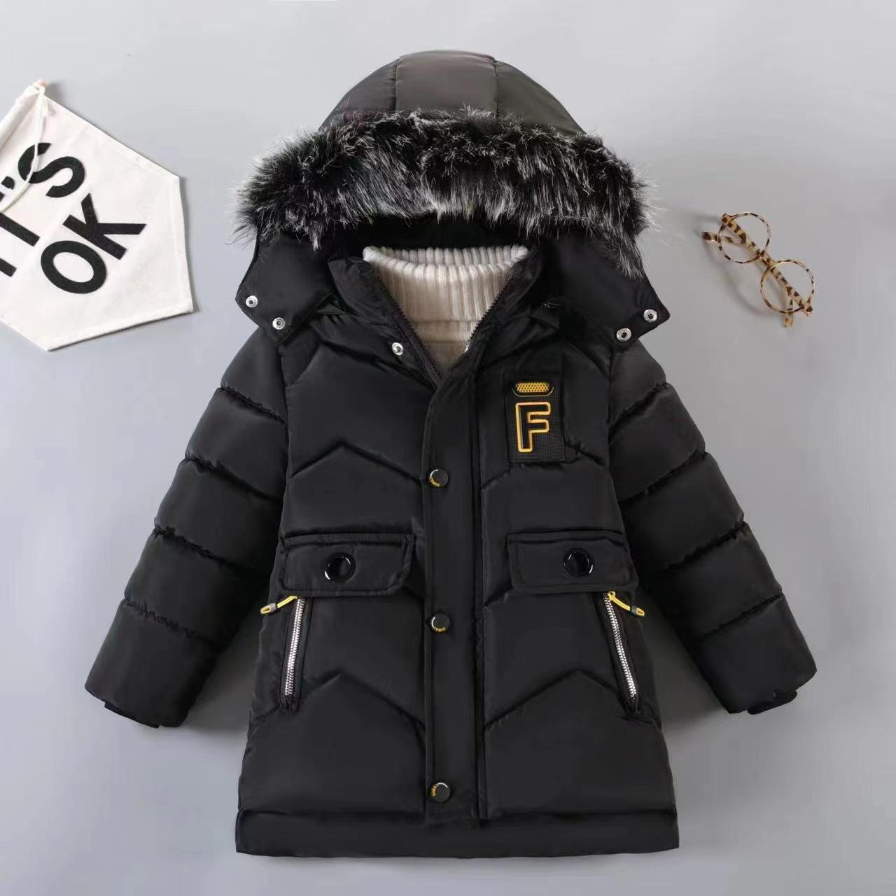 Winterjacke für Jungen mit Buchstabe F, modisches Futter mit Plüschpelzkragen, dicker Mantel mit Kapuze für Kinder 120 schwarz von Joom DACH