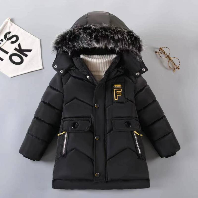 Winterjacke für Jungen mit Buchstabe F, modisches Futter mit Plüschpelzkragen, dicker Mantel mit Kapuze für Kinder 120 schwarz von Joom DACH