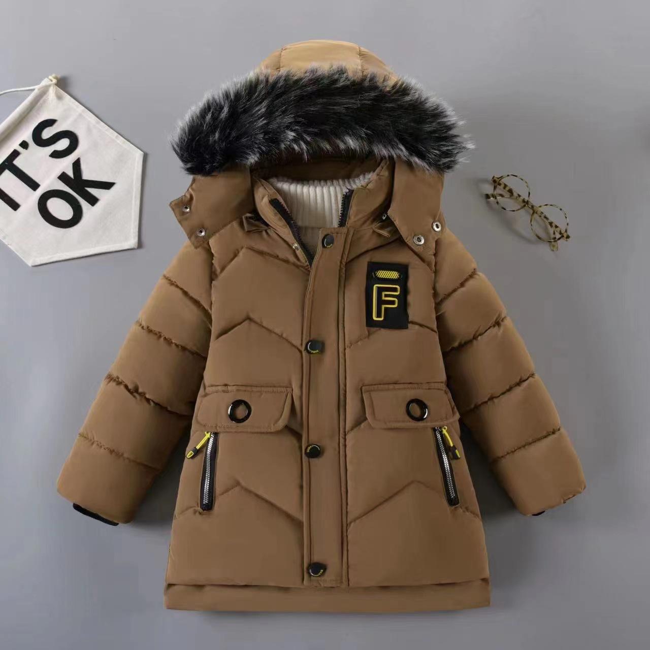 Winterjacke für Jungen mit Buchstabe F, modisches Futter mit Plüschpelzkragen, dicker Mantel mit Kapuze für Kinder 140 khaki von Joom DACH