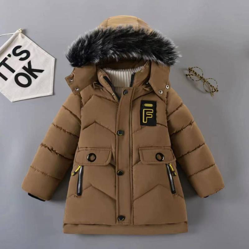 Winterjacke für Jungen mit Buchstabe F, modisches Futter mit Plüschpelzkragen, dicker Mantel mit Kapuze für Kinder 140 khaki von Joom DACH