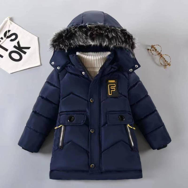 Winterjacke für Jungen mit Buchstabe F, modisches Futter mit Plüschpelzkragen, dicker Mantel mit Kapuze für Kinder 150 navy blau von Joom DACH