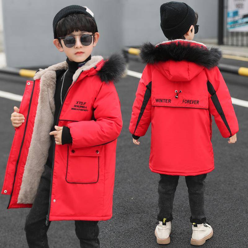 Winterjacke mit Daunenfüllung für Jungen, mittellange Steppjacke für Kinder, dicke Steppjacke aus Samt 150 rot von Joom DACH