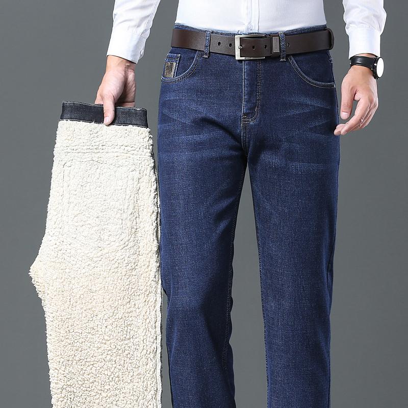 Winterjeans für Herren aus Wollsamt, Fleece, verdickt, gerade, mittelhohe Taille, Business, lässig, bequem, Thermo-Jeanshose 34 dunkelblaue von Joom DACH