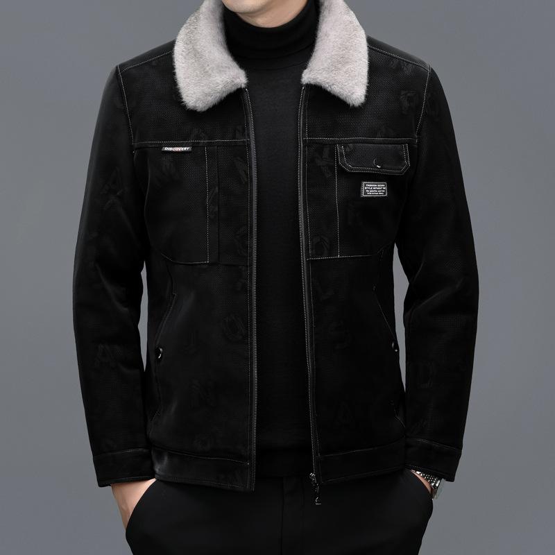 Winterkleidung für Männer mittleren Alters und ältere Männer, Vaterkleidung, Pelz-All-in-One-Lederjacke, Lederjacke, Kurzmantel, Verdickung 4XL von Joom DACH