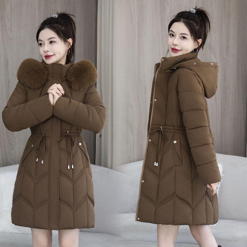 Wintermantel aus Daunenbaumwolle für Damen, schmaler Mantel mit Kapuze und Baumwollpolsterung im mittellangen Stil, modischer, dicker, warmer Parka mit Schnürung S kaffeebraun von Joom DACH