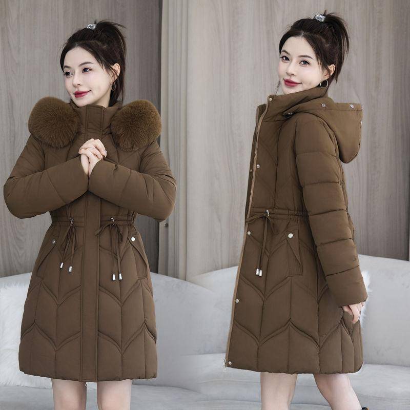 Wintermantel aus Daunenbaumwolle für Damen, schmaler Mantel mit Kapuze und Baumwollpolsterung im mittellangen Stil, modischer, dicker, warmer Parka mit Schnürung S kaffeebraun von Joom DACH