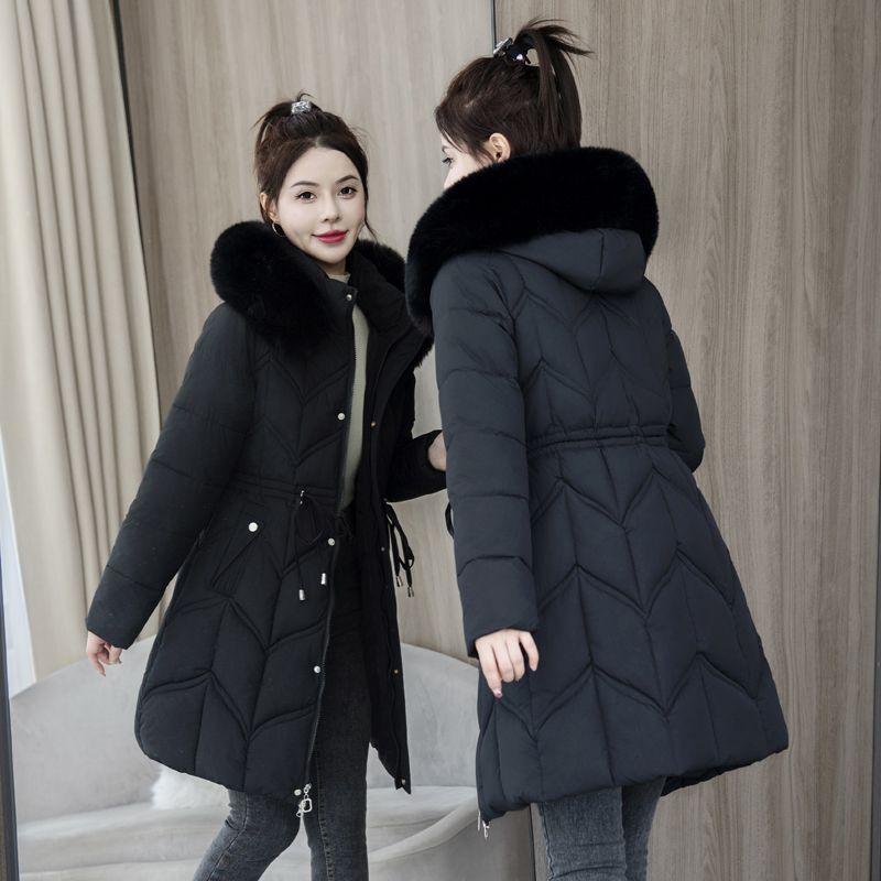 Wintermantel aus Daunenbaumwolle für Damen, schmaler Mantel mit Kapuze und Baumwollpolsterung im mittellangen Stil, modischer, dicker, warmer Parka mit Schnürung XL schwarz von Joom DACH