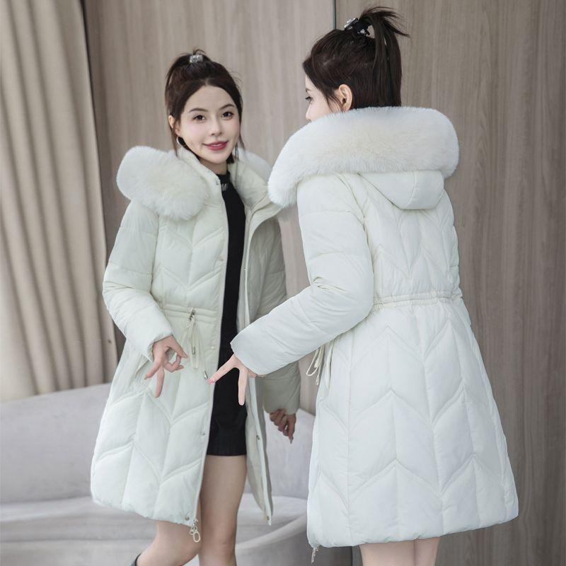 Wintermantel aus Daunenbaumwolle für Damen, schmaler Mantel mit Kapuze und Baumwollpolsterung im mittellangen Stil, modischer, dicker, warmer Parka mit Schnürung XL weiß von Joom DACH