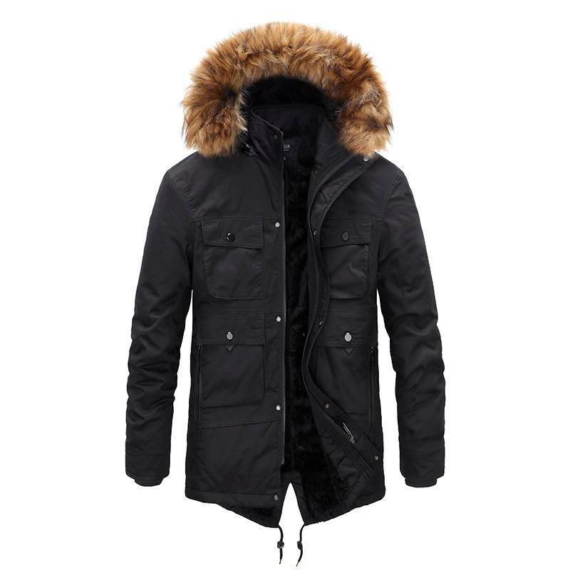 Wintermantel aus gewaschener Baumwolle für Herren, mittellang, einfarbig, aus Samt, mit Pelzkragen und abnehmbarem Baumwollmantel mit mehreren Taschen 2XL von Joom DACH