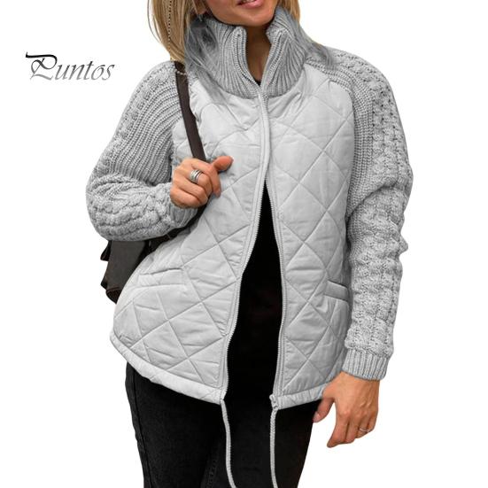 Wintermantel für Damen, Stehkragen, Nackenschutz, Patchwork-Strick, Kordelzug am Saum, Reißverschluss, mittellange, winddichte Baumwolljacke 2XL grau von Joom DACH