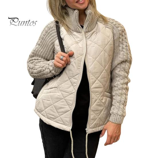 Wintermantel für Damen, Stehkragen, Nackenschutz, Patchwork-Strick, Kordelzug am Saum, Reißverschluss, mittellange, winddichte Baumwolljacke 2XL khaki von Joom DACH
