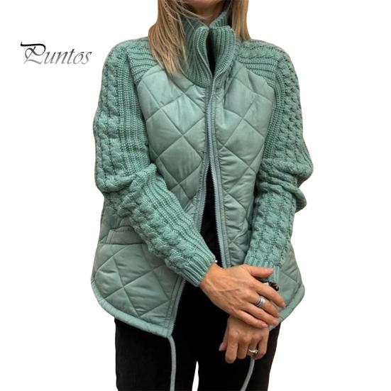 Wintermantel für Damen, Stehkragen, Nackenschutz, Patchwork-Strick, Kordelzug am Saum, Reißverschluss, mittellange, winddichte Baumwolljacke 2XL see-blaue von Joom DACH