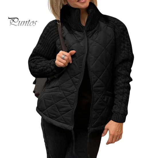 Wintermantel für Damen, Stehkragen, Nackenschutz, Patchwork-Strick, Kordelzug am Saum, Reißverschluss, mittellange, winddichte Baumwolljacke M schwarz von Joom DACH