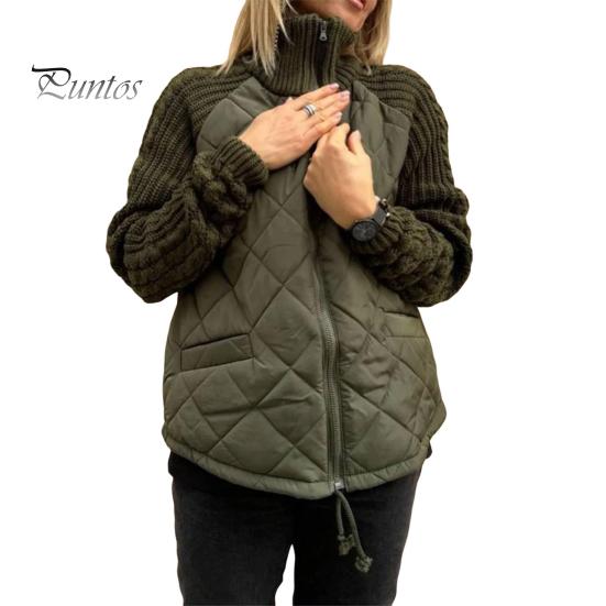 Wintermantel für Damen, Stehkragen, Nackenschutz, Patchwork-Strick, Kordelzug am Saum, Reißverschluss, mittellange, winddichte Baumwolljacke XL armee grüne von Joom DACH