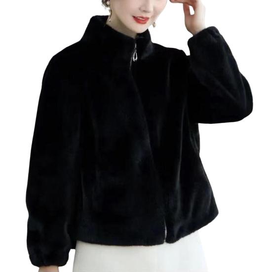 Wintermantel für Damen, dicker Kunstpelz, Umlegekragen, kurze Strickjacke mit Reißverschluss, lange Ärmel, kältebeständige Oberbekleidung, Outdoor-Jacke für die Schule 4XL schwarz von Joom DACH