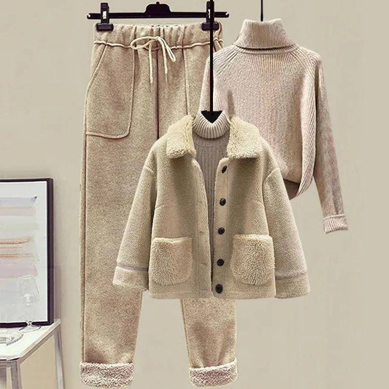 Wintermode Dreiteiliger Anzug Lammplüschfell Granuläres Fleecejacke Pullover Freizeithose Dreiteiliger Professioneller Hosenanzug Damen M khaki von Joom DACH