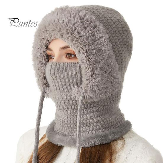 Wintermütze für Damen mit integriertem Schal, kältebeständige Frontabdeckung, dick gestrickt, warm, einfarbig, umfassender Schutz, Outdoor-Radfahren, Reisen, kaltes Wetter grau von Joom DACH