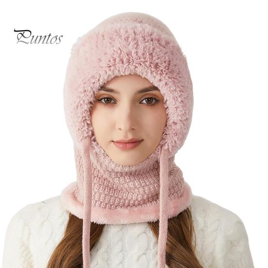 Wintermütze für Damen mit integriertem Schal, kältebeständige Frontabdeckung, dick gestrickt, warm, einfarbig, umfassender Schutz, Outdoor-Radfahren, Reisen, kaltes Wetter rosa von Joom DACH