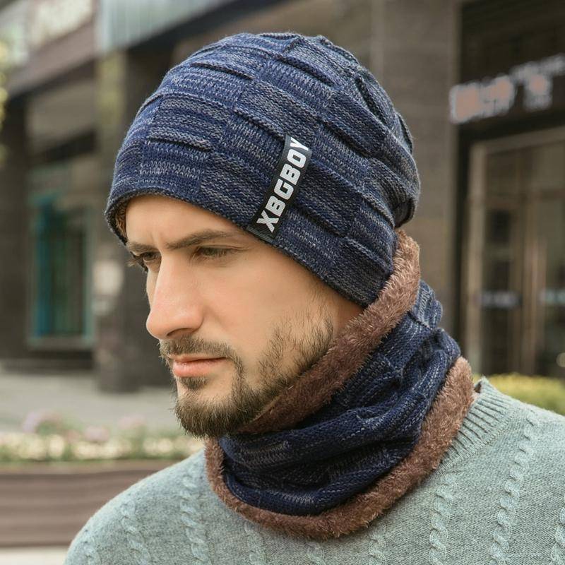 Wintermütze für Herren und Damen, Pullover, Mütze, Schal, Samt, Fleece gefüttert, dicke warme Beanie-Mütze, Strickmütze für Herren navy blau von Joom DACH