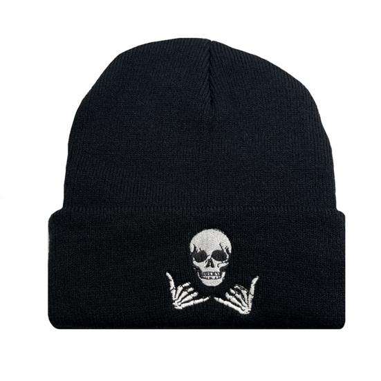 Wintermütze für Herren und Damen, Strickmütze mit Totenkopf-Stickerei, warme Beanie-Mütze, dicke, dehnbare Unisex-Mütze für den täglichen Gebrauch und Outdoor-Sport schwarz von Joom DACH
