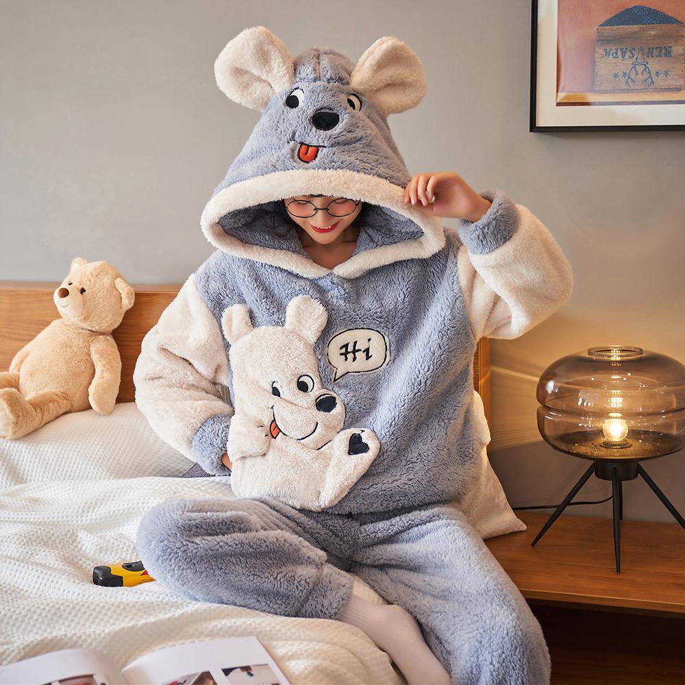 Winteroutfit für Damen, lang, Flanell, süßer Karton, groß, warme, lustige Lounge-Kleidung für Damen, Plüsch-Pyjama mit Kapuze 3XL von Joom DACH