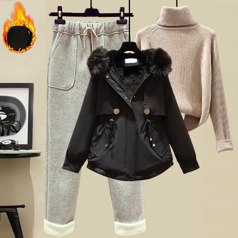Winterparka Damen Woll-Freizeithose + Rollkragenpullover Mode Dreiteiliger Anzug Damen XXL von Joom DACH