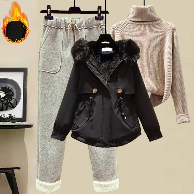 Winterparka Damen Woll-Freizeithose + Rollkragenpullover Mode Dreiteiliger Anzug Damen XXL von Joom DACH