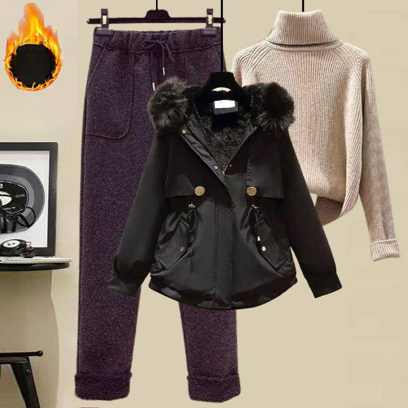 Winterparka Damen Woll-Freizeithose + Rollkragenpullover Mode Dreiteiliger Anzug Damen XXXXL von Joom DACH