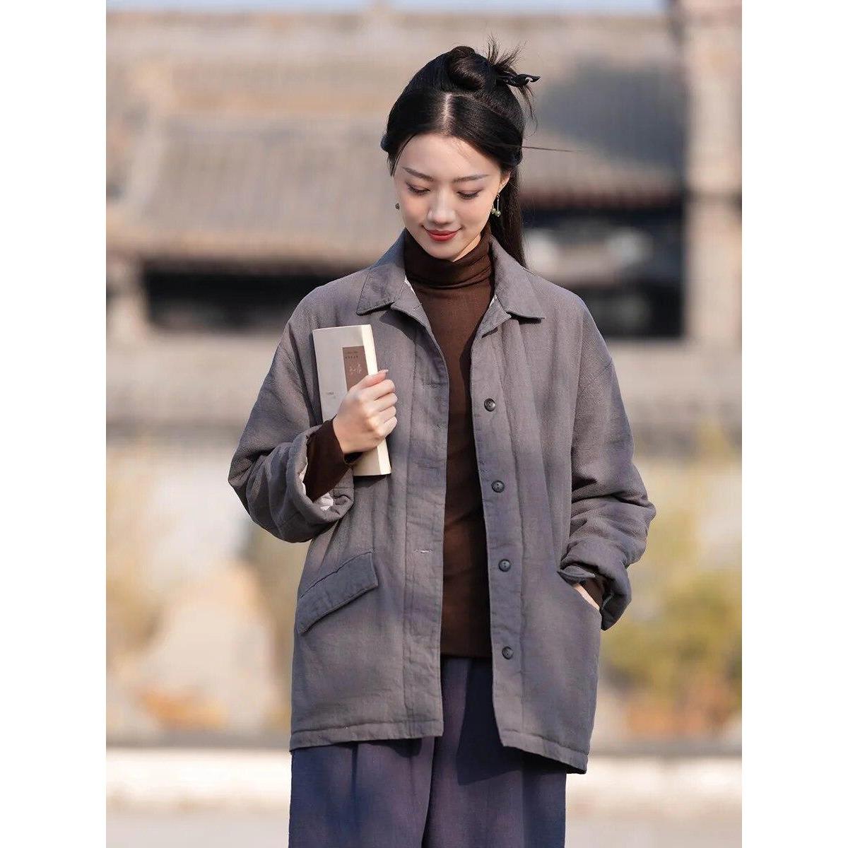 Winterparkas für Frauen im chinesischen Stil, Umlegekragen, Knopf, warme Mäntel, Taschen, lange Ärmel, plus Baumwollparkas One Size von Joom DACH