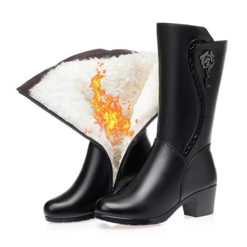 Winterstiefel Damen Mittelstiefel Fleece Warm Hoher Absatz Grober Absatz Mittlerer Absatz Lederstiefel Hoch Damenstiefel Lange Stiefel Mama Baumwollschuhe 38 von Joom DACH