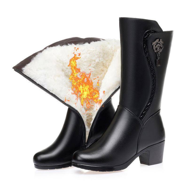 Winterstiefel Damen Mittelstiefel Fleece Warm Hoher Absatz Grober Absatz Mittlerer Absatz Lederstiefel Hoch Damenstiefel Lange Stiefel Mama Baumwollschuhe 38 von Joom DACH