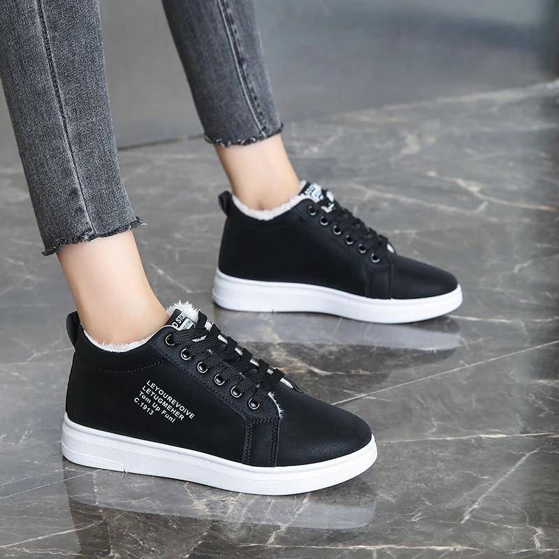 Winterstiefel Damen Stiefeletten Warme PU Plüsch Winterschuhe Sneakers Flats Schnürschuhe Kurze Schneestiefel 35 schwarz von Joom DACH