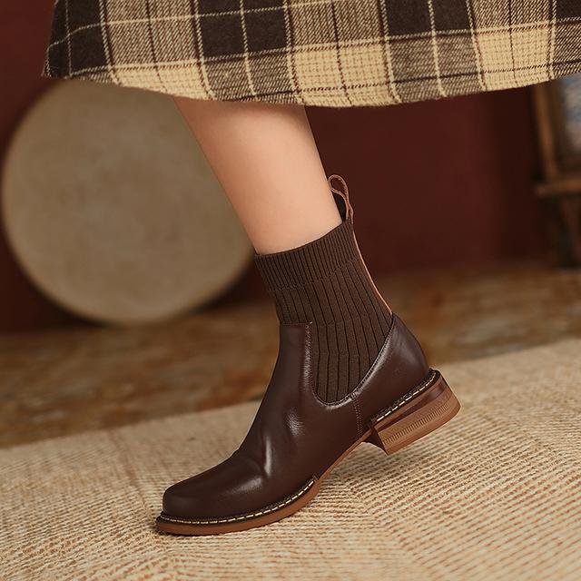 Winterstiefel für Damen, Stiefeletten mit quadratischer Zehenpartie und klobigem Absatz, kurze, moderne Stiefel, Chelsea-Stretch-Damenschuhe, 3 cm Absatz 41 braun von Joom DACH