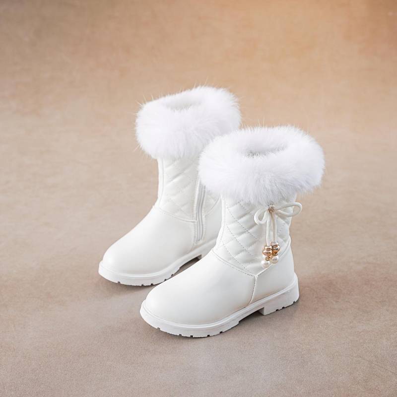 Winterstiefel für Mädchen 2024, warme süße Perlenschleife, Steppmuster, Cartoon-Volltonfarbe 31 weiß von Joom DACH