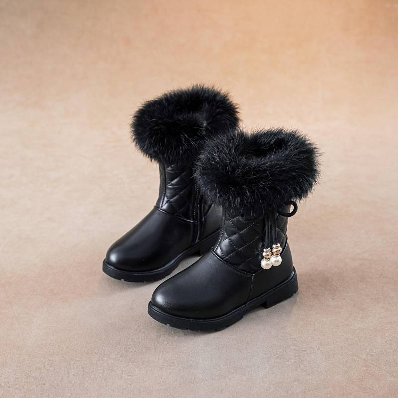 Winterstiefel für Mädchen 2024, warme süße Perlenschleife, Steppmuster, Cartoon-Volltonfarbe 35 schwarz von Joom DACH