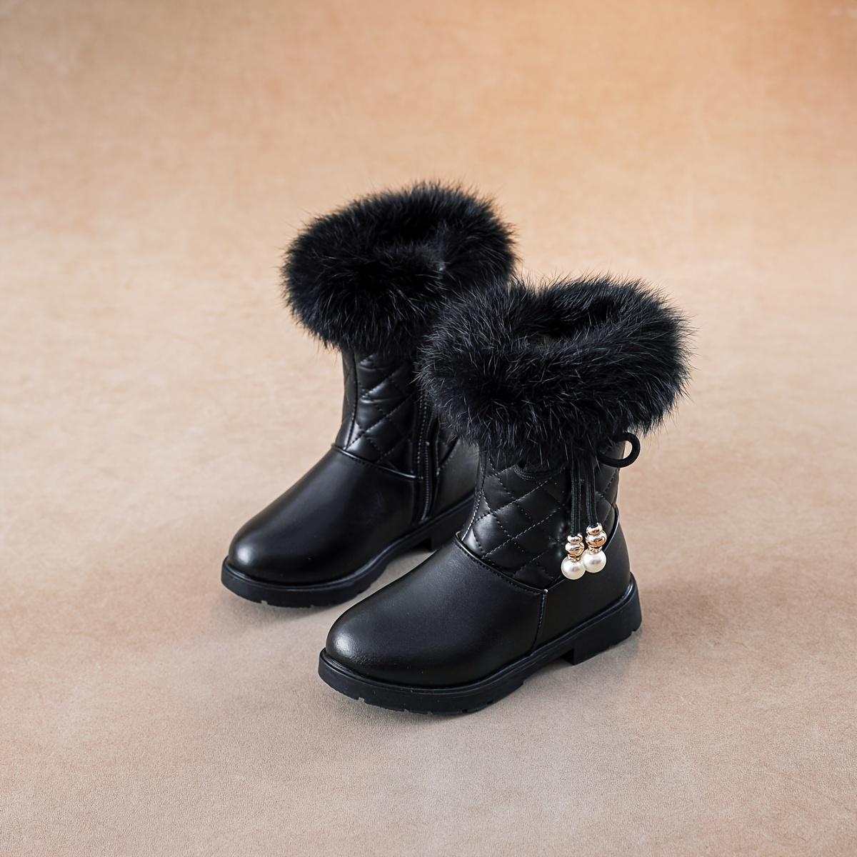 Winterstiefel für Mädchen 2024, warme süße Perlenschleife, Steppmuster, Cartoon-Volltonfarbe 37 schwarz von Joom DACH