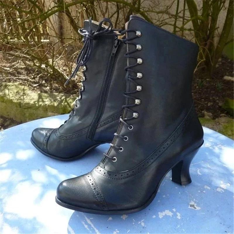 Winterstiefel mit Schnürung für Damen mit hohen Absätzen, Motorradstiefel, viktorianische Stiefel, Damenmode, spitze Zehenpartie, dicke Sohle, kurzer Stiefel 37 schwarz von Joom DACH