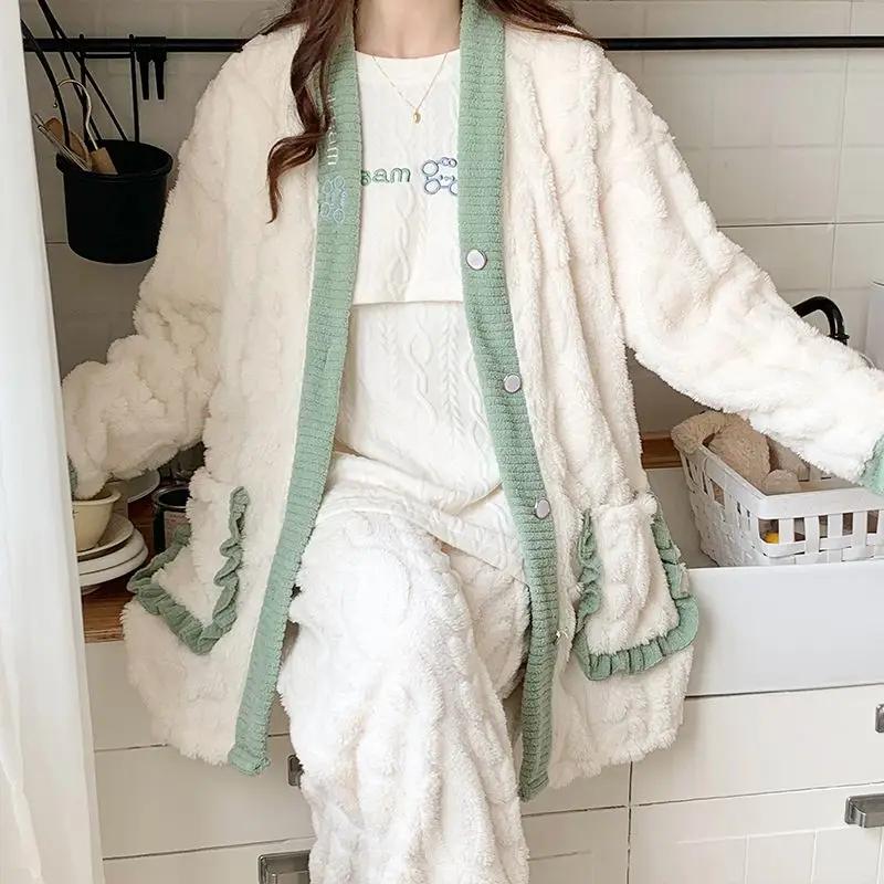 Winterverdickter Umstandspyjama, Korallenfleece-Pyjama, Damen Verdickte Warme Hauskleidung, Damen Hauskleidung 2XL weiß von Joom DACH