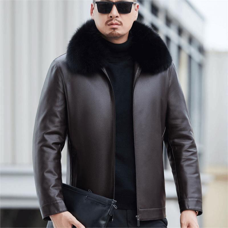 Winterwarme und verdickte Daunenlederjacke für Männer mittleren und höheren Alters mit Fuchspelzkragen, Übergröße Echtlederjacke, Daunenjacke 6XL von Joom DACH