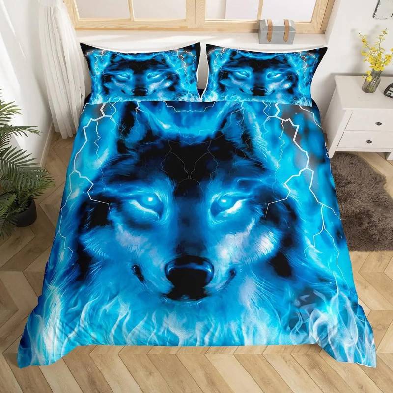 Wolf-Bettbezug-Set für Jungen, Queen-Size, Boho-Wolf-Wildtier-Bettwäsche-Set für Männer, Galaxie, Traumfänger, Mond, Polyester-Bettbezug EU single(135x200cm) von Joom DACH